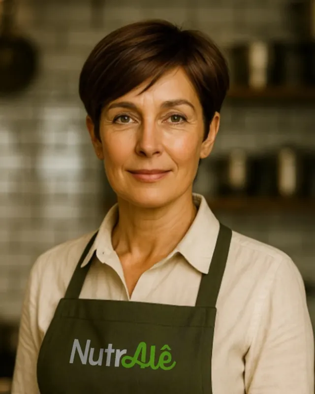 Alê, a assistente da NutrAlê, com o avental verde da marca