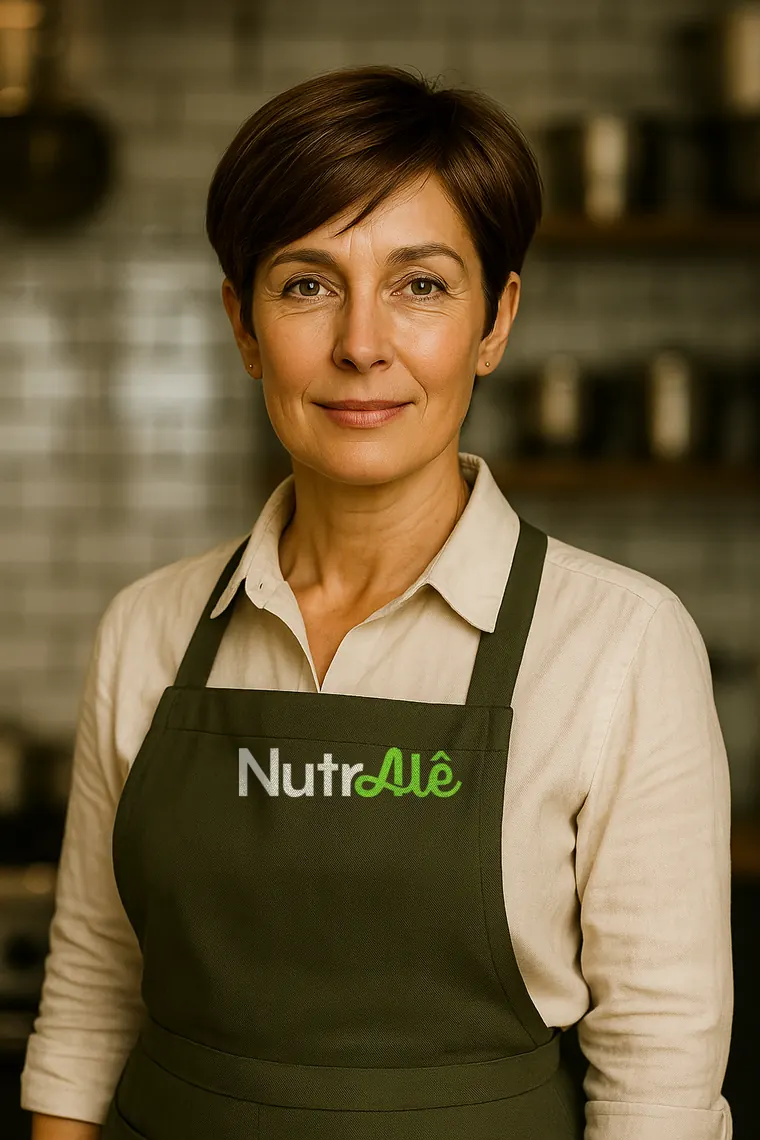 Retrato da Alê com o avental verde da NutrAlê em uma cozinha