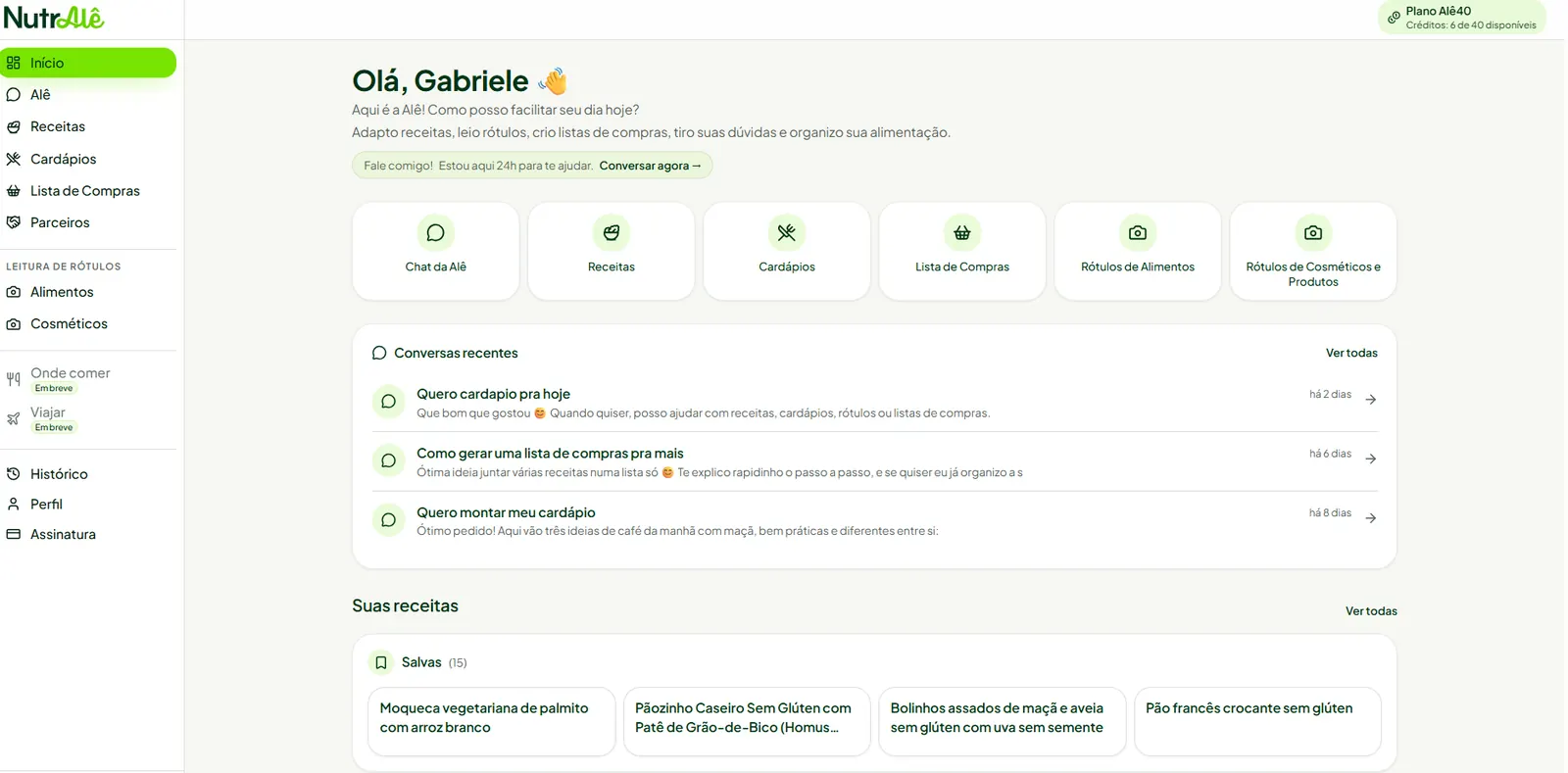 Painel do app NutrAlê com atalhos para Chat da Alê, Receitas, Cardápios, Lista de Compras e Leitura de Rótulos, conversas recentes e receitas salvas
